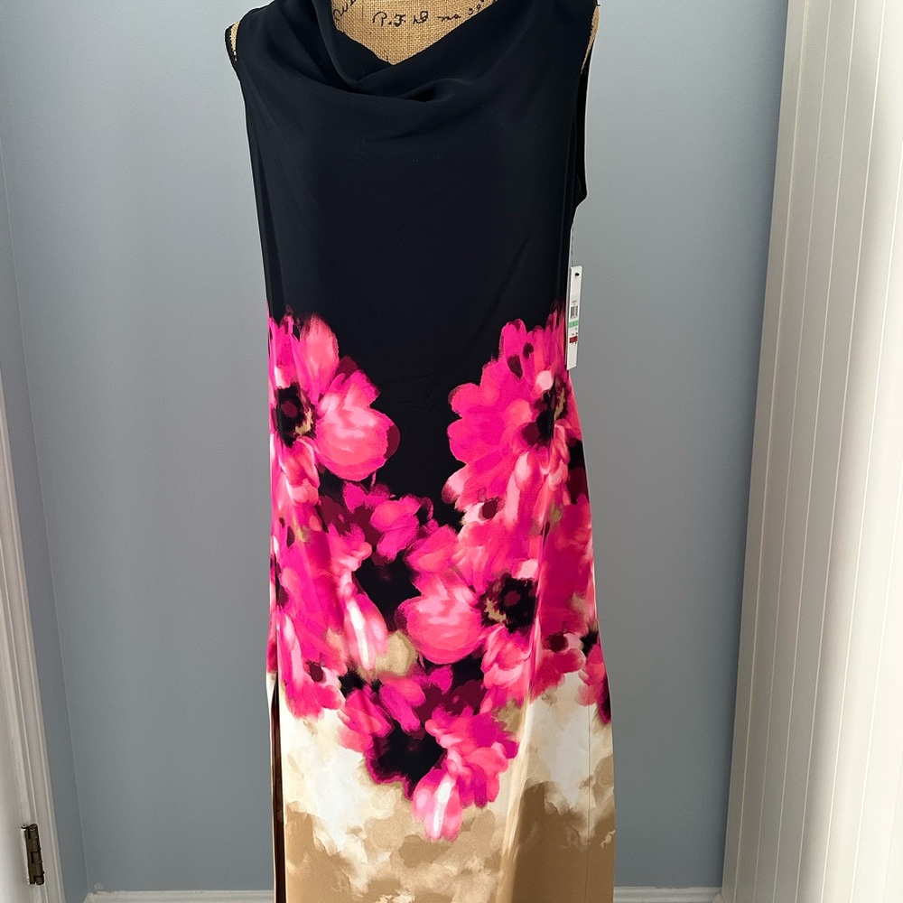 DKNY Black and Pink Floral Midi Dress